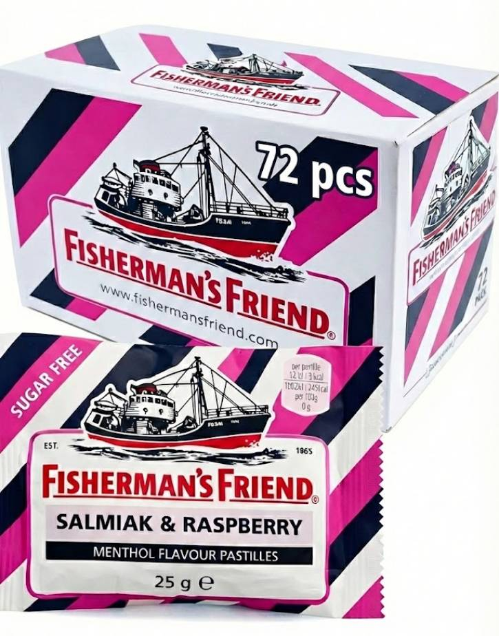 72 stk Sukkerfri Fisherman's Friend med Smak av Bringebær, Salmiak og Mentol - Hel Eske 1,8 kg
