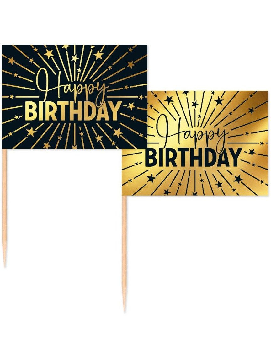 50 Stk Happy Birthday Mat/Kakeflagg 6,5 cm - Svart og Gull