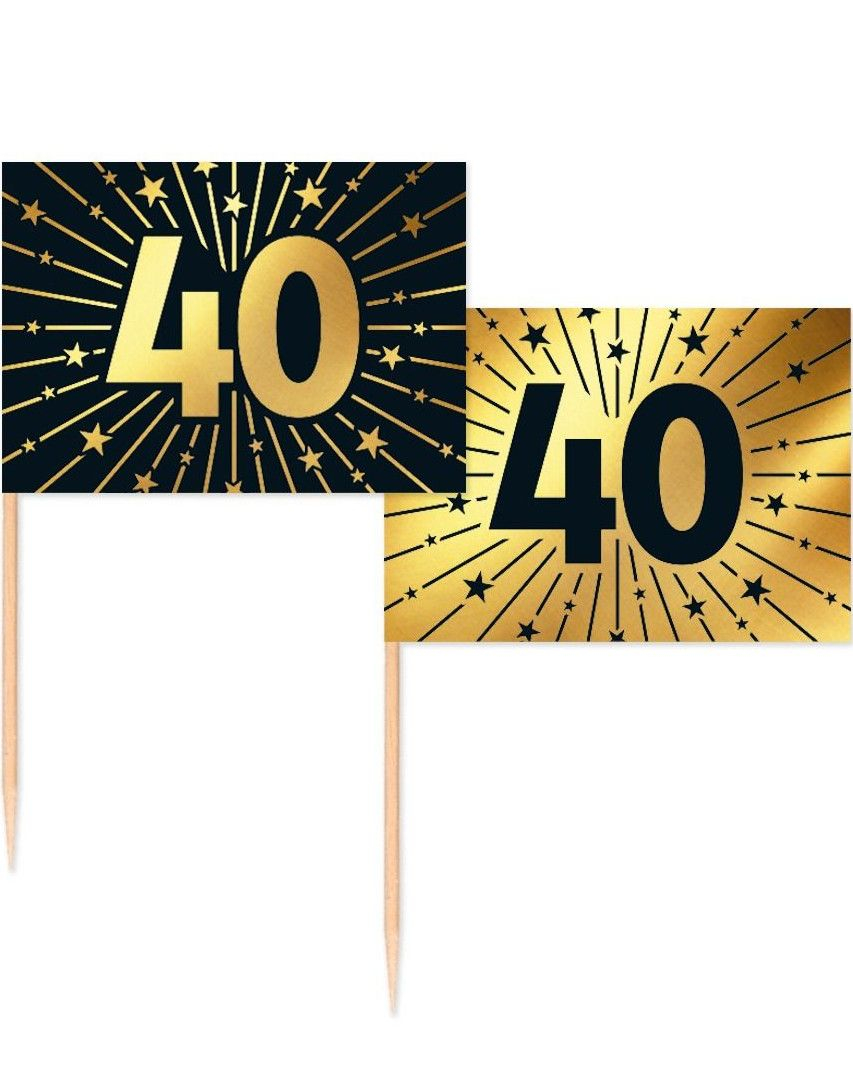 50 Stk 40 år Mat/Kakeflagg 6,5 cm - Svart og Gull