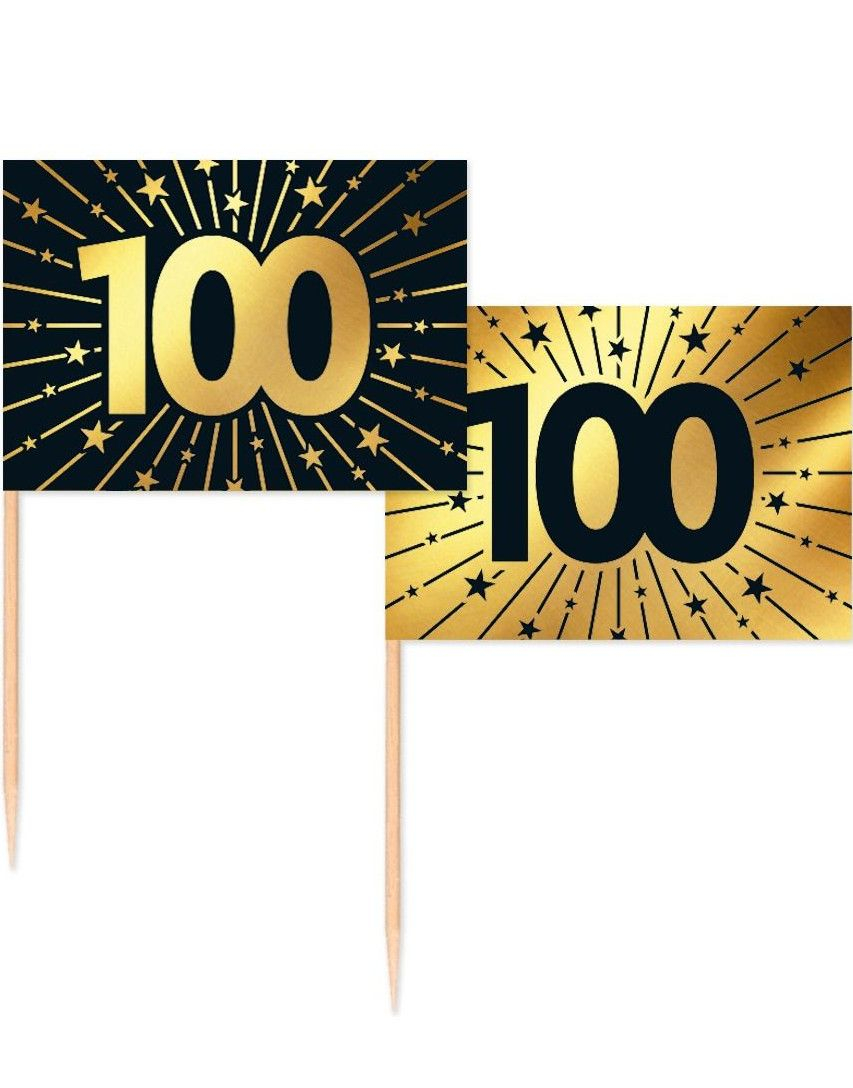 50 Stk 100 år Mat/Kakeflagg 6,5 cm - Svart og Gull