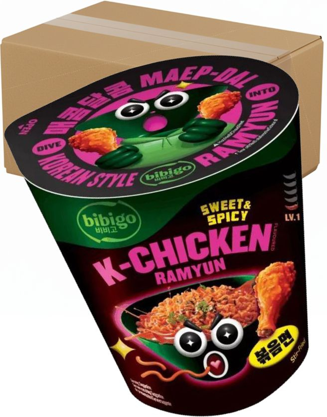 8 stk K-Chicken Flavoured Ramyun - Søt og Spicy Kyllingramen - BIBIGO - Hel Eske 780 gram (Korea)