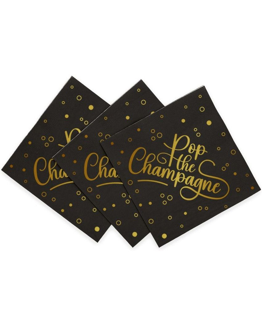 20 stk Pop the Champagne - Svarte Servietter 33x33cm