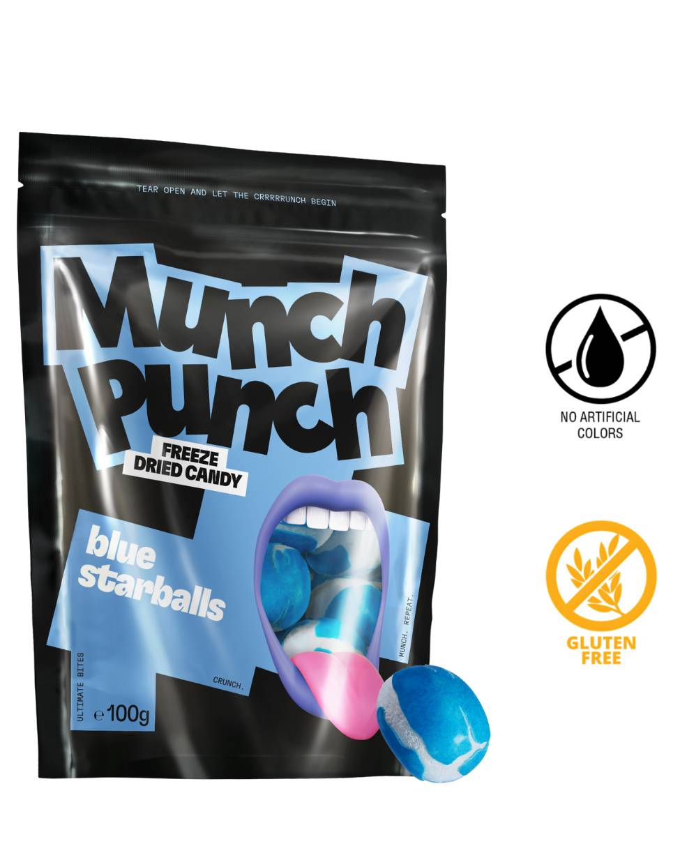 Munch Punch Blue Starballs - Pose med Frysetørket Godteri 100 gram