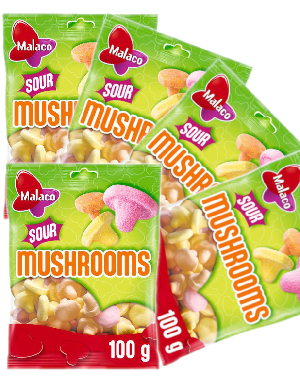 28 stk Poser med Malaco Sour Mushrooms - Forskjellige Sure Skumbiter - Hel Eske