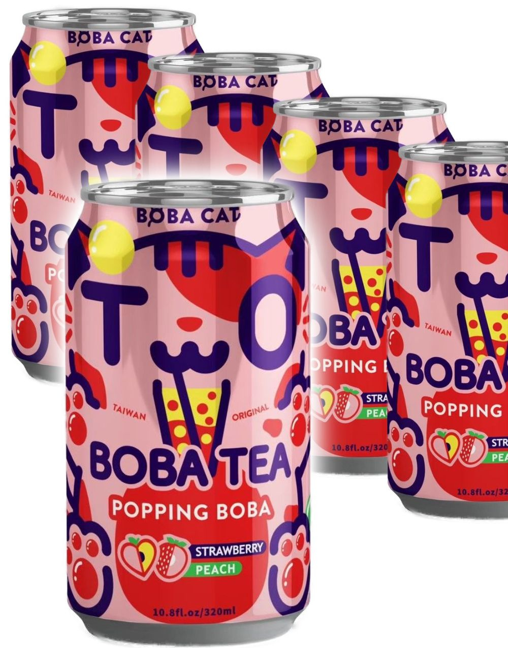 24 stk Boba Cat Peach Strawberry - Popping Bubble/Boba Tea - Helt Brett 24x320 ml (Taiwan)